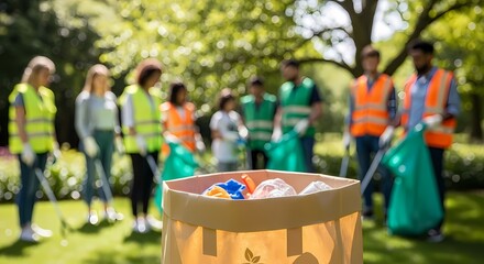 Fototapeta premium Community Cleanup Event with Trash Bin and Volunteers.