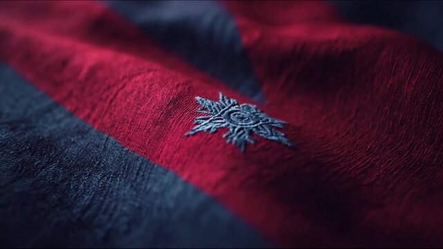 Close-up shot of a textured, flowing fabric with a dark emblem, showcasing details and patterns