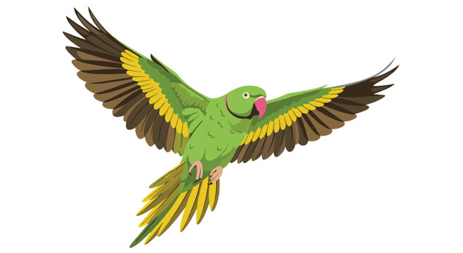 A vibrant green parrot with a prominent pink beak and yellow-brown wings is dynamically illustrated in flight against a pristine white background.