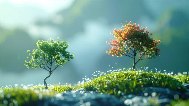 Two small stylized trees on a grassy hill with tiny flowers, against a blurry backdrop