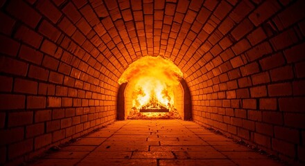 Fototapeta premium Inside a brick-lined oven, fiery flames glow at the arched opening