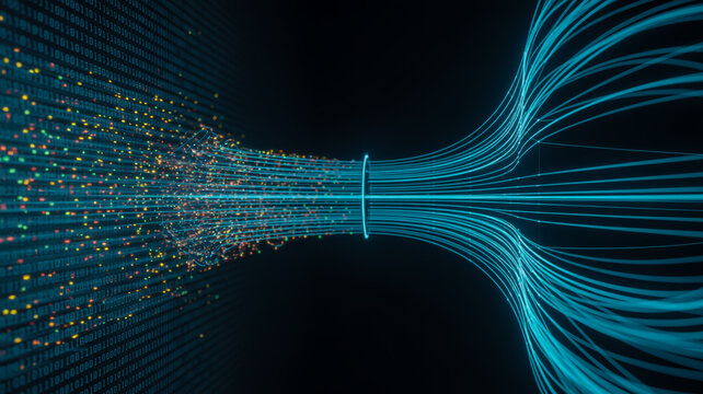 Digital data flow visualization with blue and white stream patterns