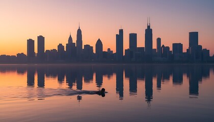Obraz premium Serene City Skyline Sunset Reflected on Water