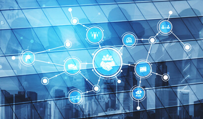 Digital representation of business partnership and networking with icons symbolizing financial...