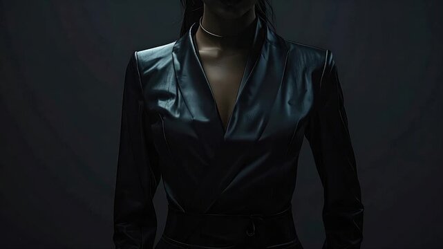 A figure in a black leather jacket, choker necklace, and dark makeup against a blurred background
