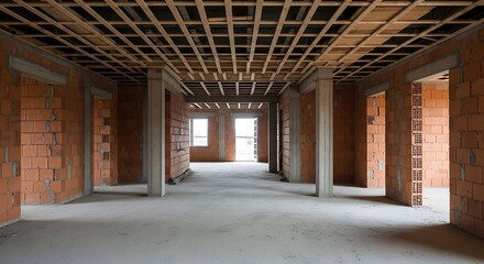 Naklejka premium Interior of a building under construction, showing brick walls, pillars, and exposed wooden framing