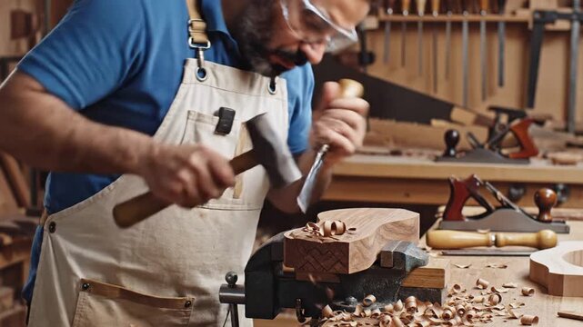 Man and boy working together in a woodwork shop