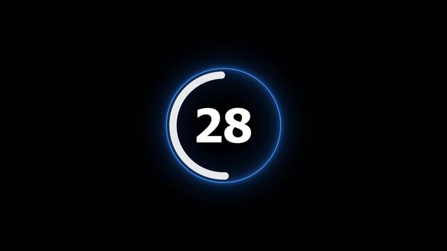 Countdown timer from 57 to 0 seconds real time. neon glowing animation. Half minute countdown timer with colorful circle.