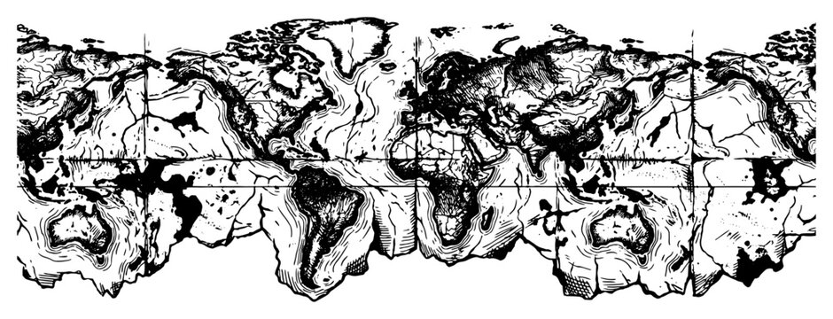 Distorted world map with detailed continent textures and grid lines in vintage engraving style