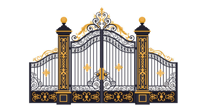 An ornate black wrought iron gate, embellished with extensive gold scrollwork and four large gold finials, stands majestically between two tall pillars on a plain white background.