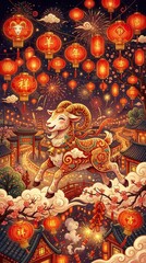 Fototapeta premium festive goat zodiac wallpaper with red lanterns