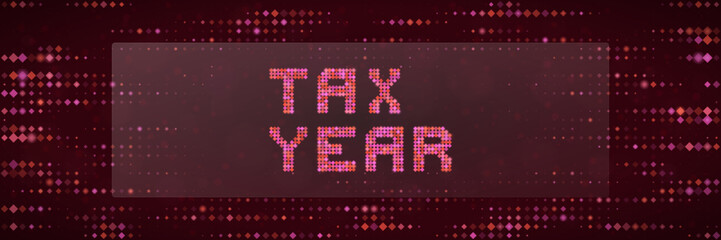 Digital Tax Year Concept with Pixelated Text on Dark Red Halftone Background for Online Filing