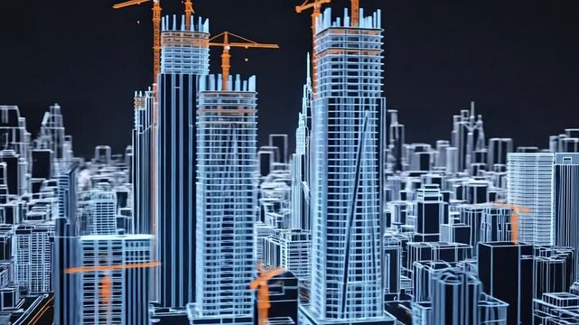 City Construction Blueprint: An artistic portrayal of a futuristic cityscape under development, showcasing towering buildings, construction cranes.