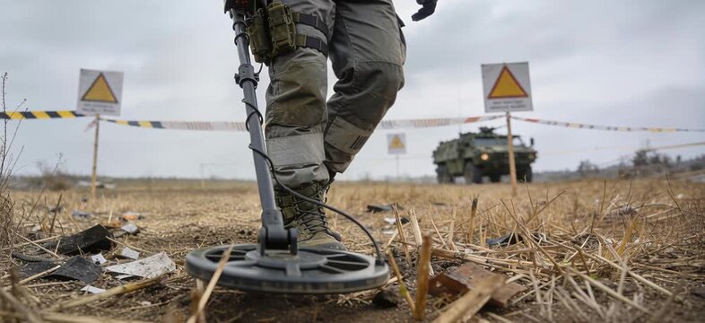 Soldier uses metal detector in field to locate unexploded ordnance during training session in a rural area
