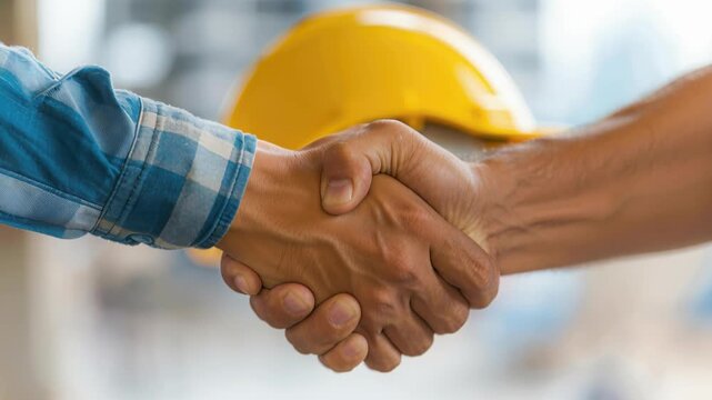 Construction Deal: Close-up shot of two hands in a firm handshake, symbolizing a successful partnership in the construction industry. A yellow hardhat subtly sets the scene.