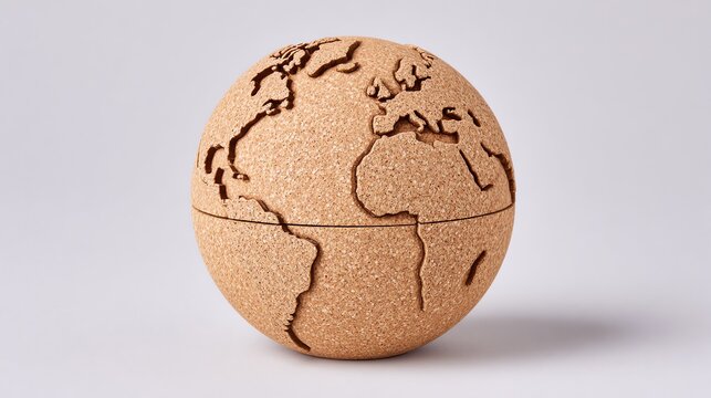 Cork globe with engraved continents on white background, side view.