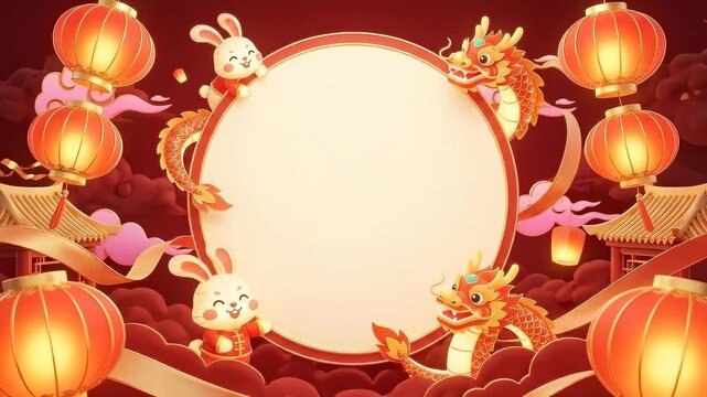 Chinese New Year Background with Cute Rabbit, Dragon, and Lanterns