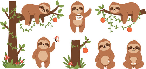 Fototapeta premium Cute Sloth Cartoon Collection with Tree Branches Apples and Forest Elements Adorable Jungle Animal Vector Illustration Set