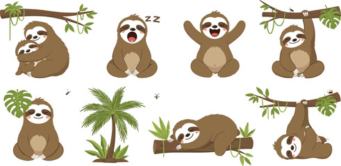 Fototapeta premium Cute Sloth Cartoon Collection with Tropical Trees Leaves and Funny Jungle Poses Adorable Animal Vector Illustration Set