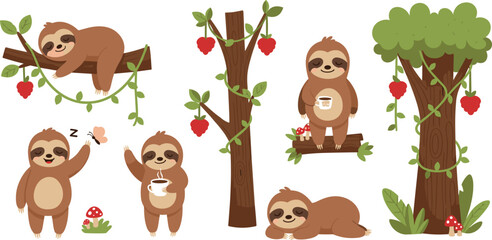 Fototapeta premium Cute Sloth Cartoon Set with Tree Branches Berries and Forest Elements Adorable Jungle Animal Vector Illustration Collection