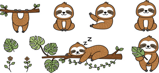 Fototapeta premium Cute Sloth Cartoon Set with Tropical Leaves and Tree Branch Adorable Jungle Animal Vector Illustration Collection