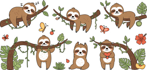 Fototapeta premium Cute Sloth Hanging on Tree Branch Collection with Tropical Leaves Butterflies and Jungle Elements Cartoon Vector Illustration Set
