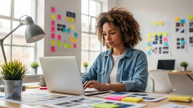 Young creative woman focused intently, actively typing on a laptop, working diligently in a modern office, concept video footage.