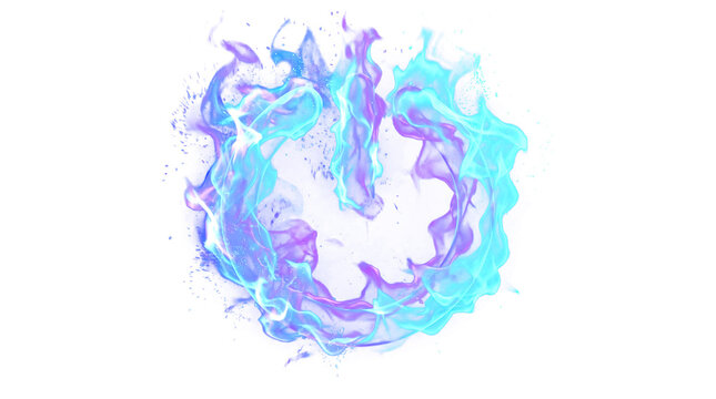 Vibrant blue and purple fire splash isolated on transparent background, abstract dynamic liquid design element for posters and banners