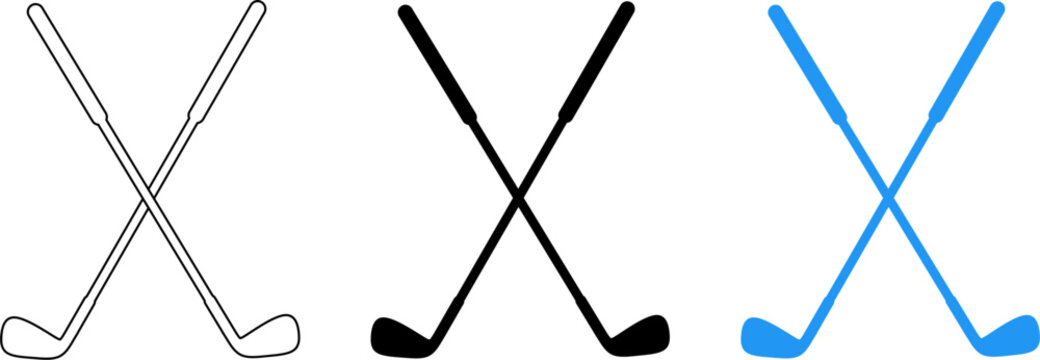 Simple crossed golf clubs icon set in outline, solid and blue style. Clean golf equipment vector symbol isolated for sport logo, tournament badge, club emblem and design elements.