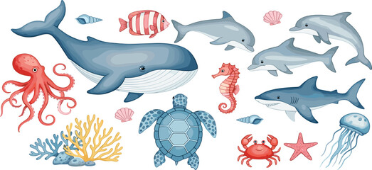 Realistic ocean animals vector collection with whale dolphins shark turtle octopus seahorse crab coral and jellyfish illustration set © Selim Studio