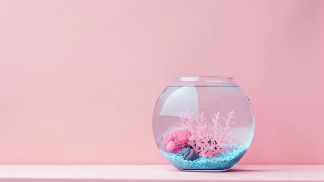 Fishbowl with coral and blue gravel, no fish, on pink background