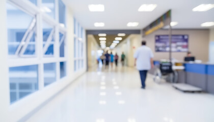 Fototapeta premium Blurred hospital corridor with people and wheelchair, medical concept