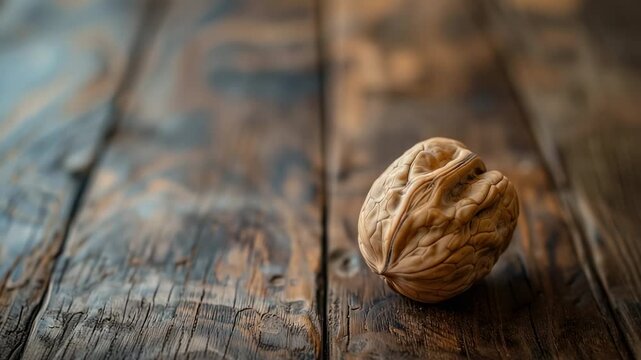 Single walnut resting on textured wooden surface with blurred background