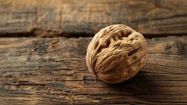 Single walnut rests on textured wooden surface, showcasing its hard shell and natural lines
