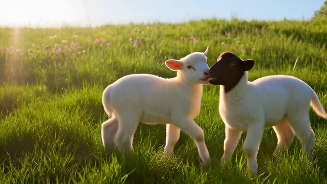 Young Lambs Playing in Meadow on Northern Spring Equinox