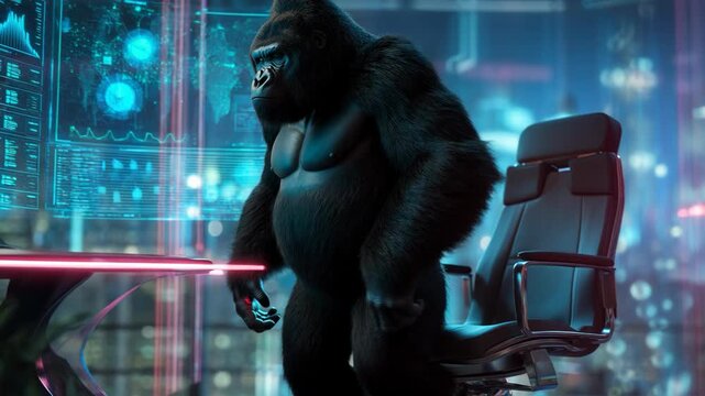 Gorilla in Futuristic Chair with Digital Background