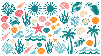 Ocean elements collection with seashells, coral, sun, palm trees, and crab © GW