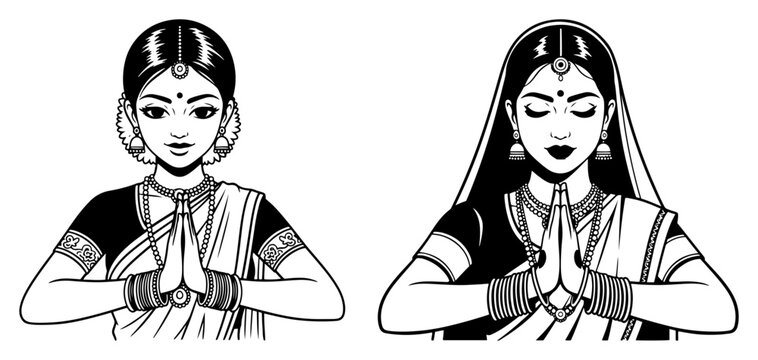 Indian women performing namaste greeting gesture in traditional saree clothing in black and white line art style