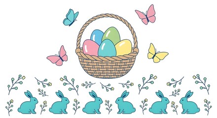 Fototapeta premium Easter basket with colorful eggs and bunnies