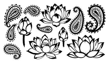 Lotus flowers and paisley ornaments collection in hand drawn sketchy style