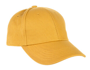 Fototapeta premium Mustard yellow trucker hat isolated on white, casual headwear for sports and outdoor activities