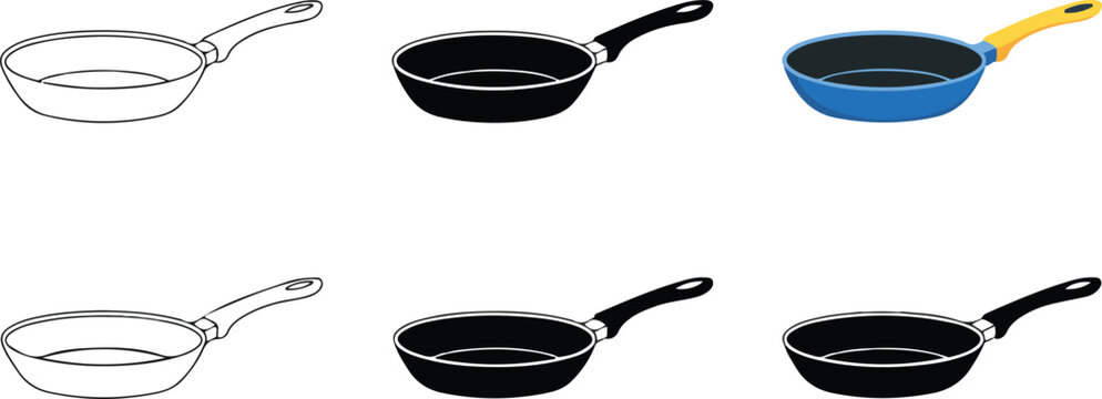 Minimal frying pan icon set with outline silhouette and nonstick pan styles vector illustration collection