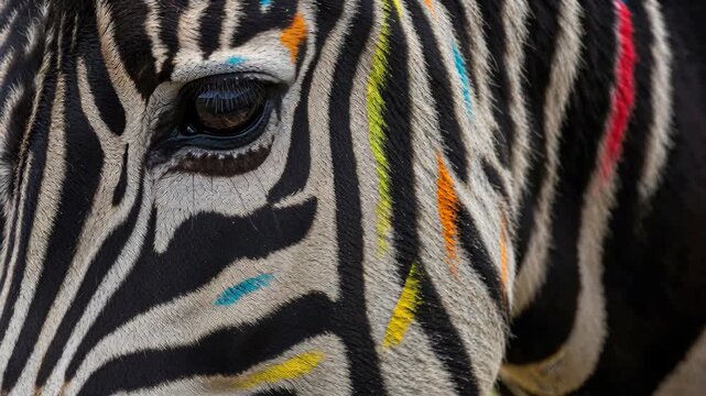 Zebra with Colorful Brushstrokes: A striking zebra's eye and face are adorned with vibrant brushstrokes of color, blending the untamed beauty of the animal with an artistic touch.