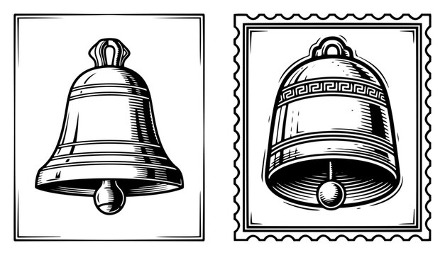 Temple bells in decorative frames and postage stamp borders in vintage woodcut style