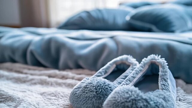 A cozy pair of fuzzy slippers placed on a soft, textured blanket bed with blue hues.