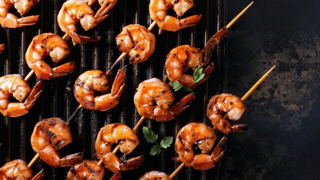 Grilled shrimp skewers with seasoning and parsley on a grill pan, visible char marks vibrant colors.