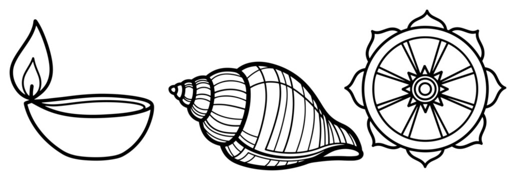 Diya oil lamp shankha conch shell and dharmachakra wheel in minimalist line art style