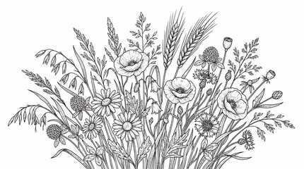 Delicate line art illustration of a wildflower bouquet with various grasses and blooms © Rishi