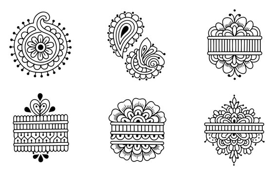 Mehndi henna floral ornaments set with intricate ethnic patterns