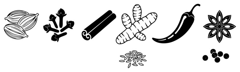 Indian spices and aromatic herbs collection in detailed black and white line art style © Anna